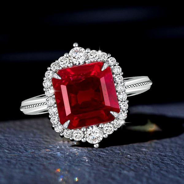 Ruby Halo Engagement Ring for Women - Vintage Style Sterling Silver