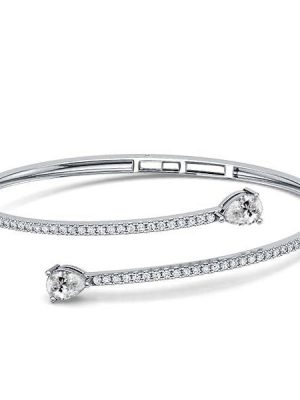 Sterling Silver Bypass Bangle Bracelet with Pear Cut White Sapphire, 7 Inch