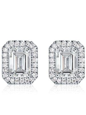 Emerald Cut Halo Stud Earrings in 925 Sterling Silver, 1.00 CTW