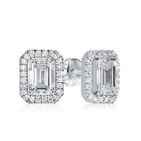 Emerald Cut Halo Stud Earrings in 925 Sterling Silver, 1.00 CTW