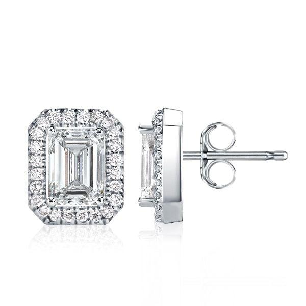 Emerald Cut Halo Stud Earrings in 925 Sterling Silver, 1.00 CTW