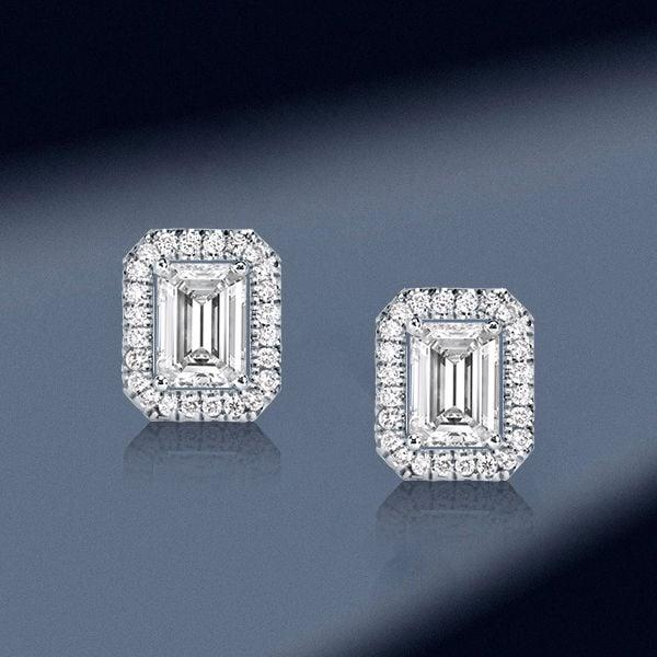 Emerald Cut Halo Stud Earrings in 925 Sterling Silver, 1.00 CTW