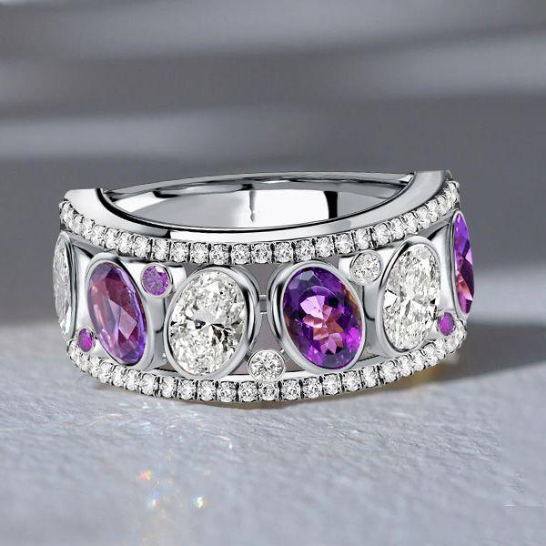 Oval Amethyst Wedding Band in Sterling Silver - Anniversary Ring