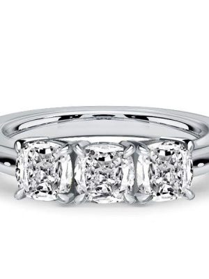 Classic 3 Stone Cushion Cut Engagement Ring in Sterling Silver with Rhodium Finish