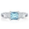 Princess Cut Aquamarine Three Stone Ring - 925 Sterling Silver