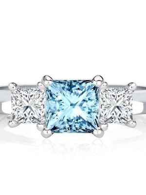 Princess Cut Aquamarine Three Stone Ring - 925 Sterling Silver