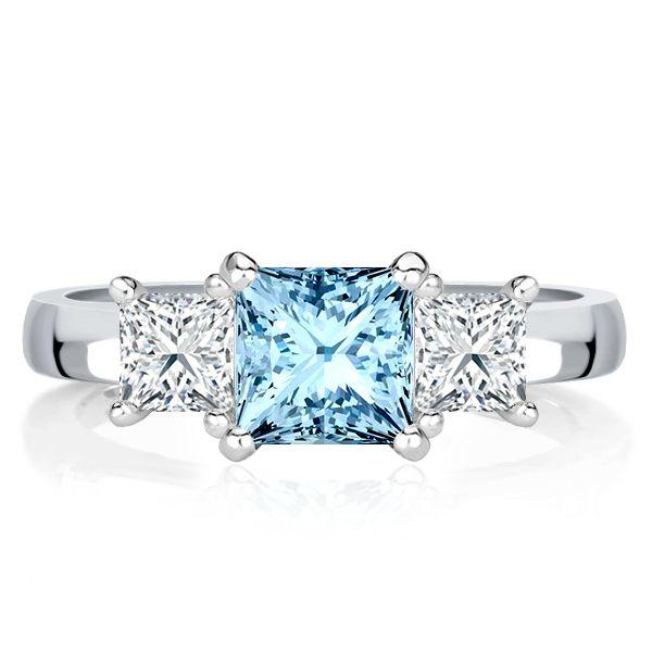 Princess Cut Aquamarine Three Stone Ring - 925 Sterling Silver