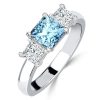 Princess Cut Aquamarine Three Stone Ring - 925 Sterling Silver