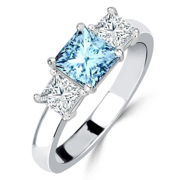Princess Cut Aquamarine Three Stone Ring - 925 Sterling Silver