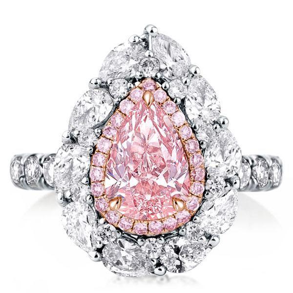 Pear Cut Pink Engagement Ring - Double Halo, Two Tone, 925 Sterling Silver