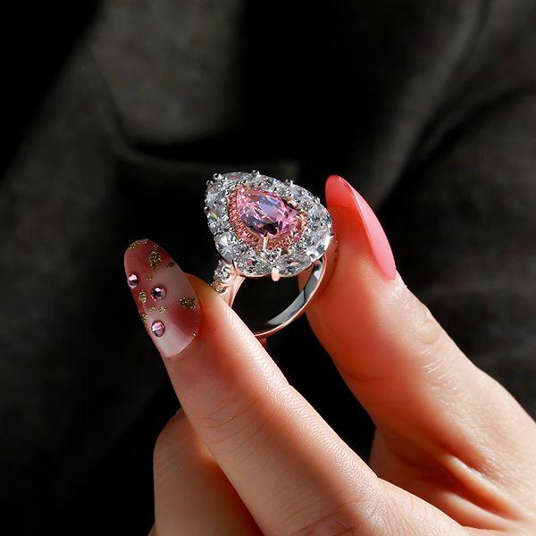 Pear Cut Pink Engagement Ring - Double Halo, Two Tone, 925 Sterling Silver