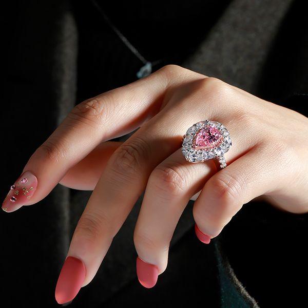 Pear Cut Pink Engagement Ring - Double Halo, Two Tone, 925 Sterling Silver