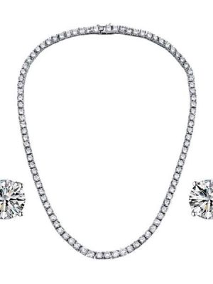 Sterling Silver Round Cut Tennis Necklace & Earring Set - 18 Inch