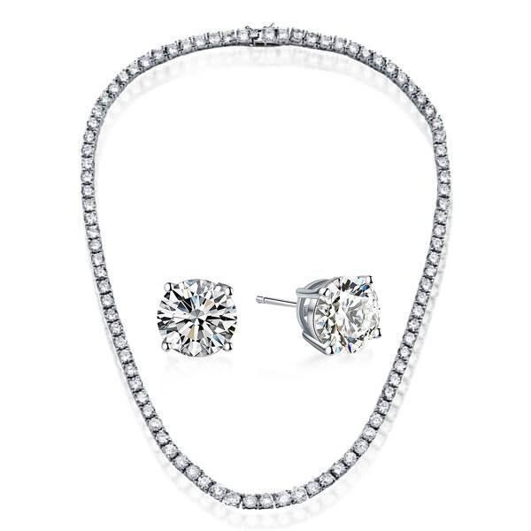 Sterling Silver Round Cut Tennis Necklace & Earring Set - 18 Inch
