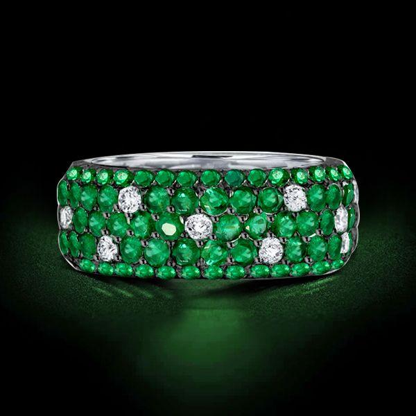 Emerald Green Eternity Band - Sterling Silver Pave Set Wedding Ring