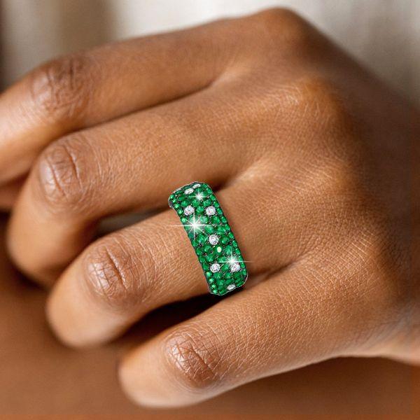 Emerald Green Eternity Band - Sterling Silver Pave Set Wedding Ring