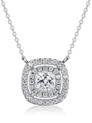 Double Halo Cushion Cut White Sapphire Pendant Necklace in Rhodium-Plated Sterling Silver
