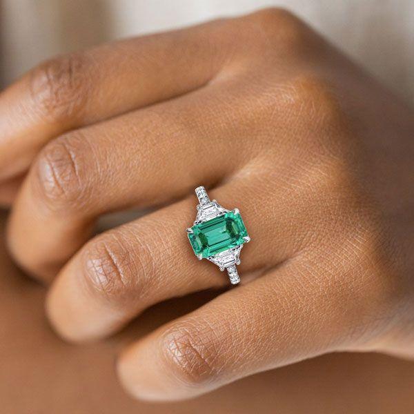 Emerald Cut Three Stone Engagement Ring - Sterling Silver