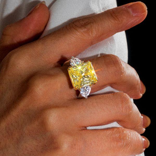 Radiant Three Stone Yellow Accent Engagement Ring in Sterling Silver
