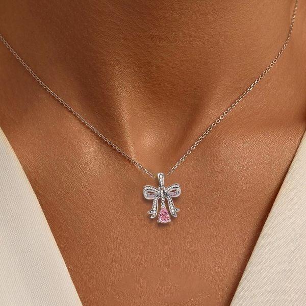 Sterling Silver Pear Cut Pink Sapphire Knot Pendant Necklace for Women