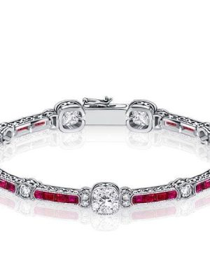 Milgrain Setting Ruby and White Cushion Cut Tennis Bracelet in Sterling Silver