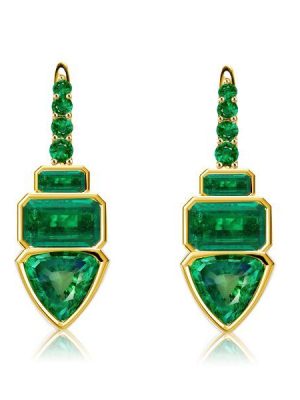 Golden Trilliant Cut Emerald Green Drop Earrings - 18K Gold Plated Sterling Silver