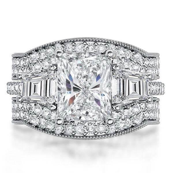 Three Stone Created White Sapphire Wedding Ring Set - Sterling Silver