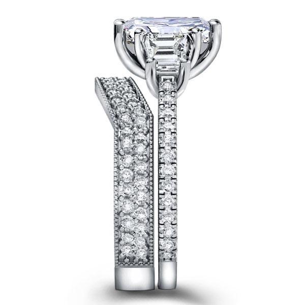 Three Stone Created White Sapphire Wedding Ring Set - Sterling Silver
