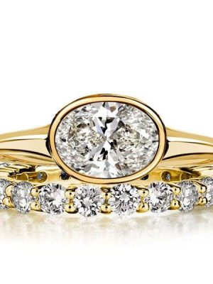 Oval Cut Solitaire Engagement Ring Set with Bezel Setting, 18K Gold Plated Sterling Silver