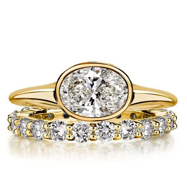 Oval Cut Solitaire Engagement Ring Set with Bezel Setting, 18K Gold Plated Sterling Silver