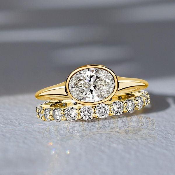 Oval Cut Solitaire Engagement Ring Set with Bezel Setting, 18K Gold Plated Sterling Silver