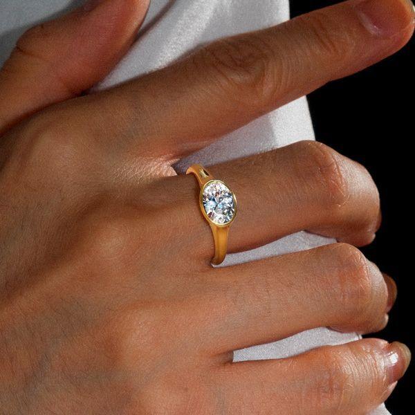 Oval Cut Solitaire Engagement Ring Set with Bezel Setting, 18K Gold Plated Sterling Silver