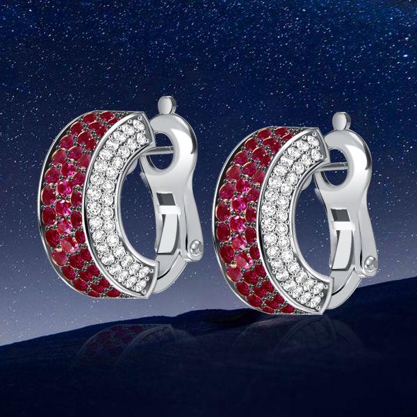Two-Tone Ruby Hoop Earrings - Sterling Silver, Black Accents