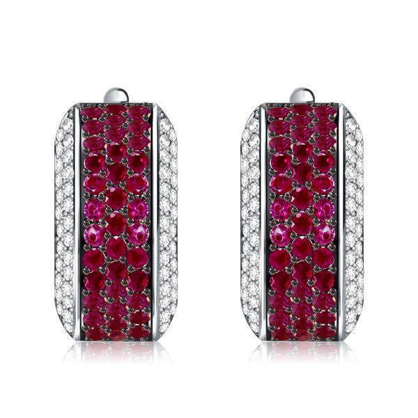 Two-Tone Ruby Hoop Earrings - Sterling Silver, Black Accents