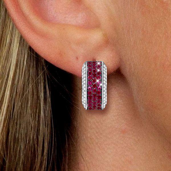 Two-Tone Ruby Hoop Earrings - Sterling Silver, Black Accents