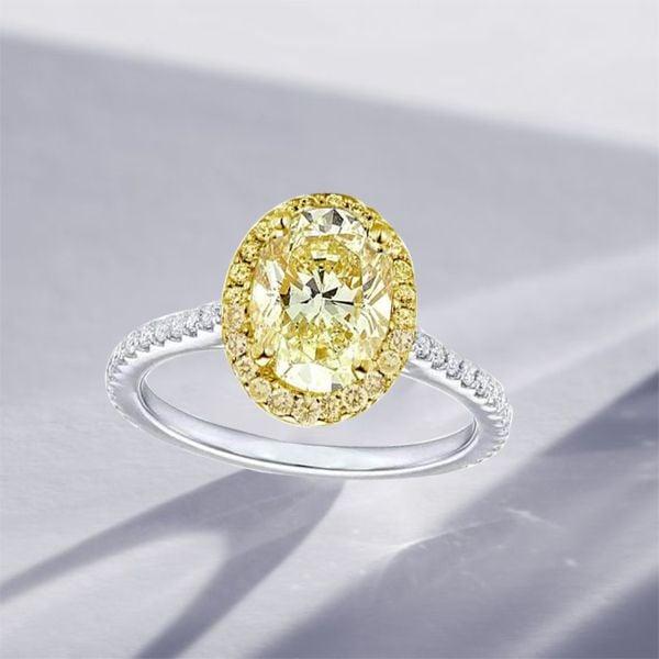 Two Tone Halo Oval Yellow Topaz Sterling Silver Wedding Ring for Women