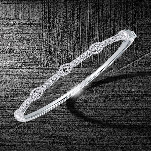 Halo Round Cut White Sapphire Bangle Bracelet in 925 Sterling Silver