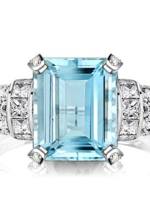 Art Deco Aquamarine Engagement Ring - Emerald Cut Sterling Silver