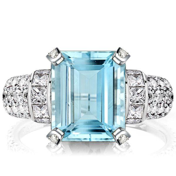 Art Deco Aquamarine Engagement Ring - Emerald Cut Sterling Silver