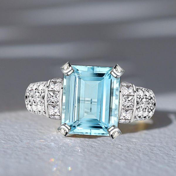 Art Deco Aquamarine Engagement Ring - Emerald Cut Sterling Silver