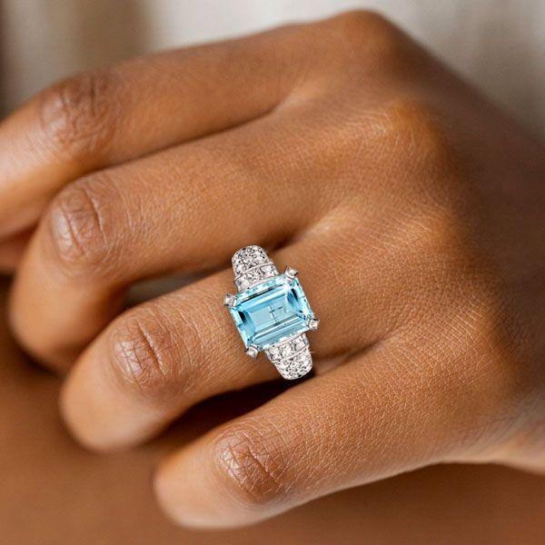Art Deco Aquamarine Engagement Ring - Emerald Cut Sterling Silver