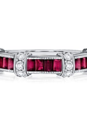 Ruby Baguette Wedding Band - 925 Sterling Silver Vintage Ring