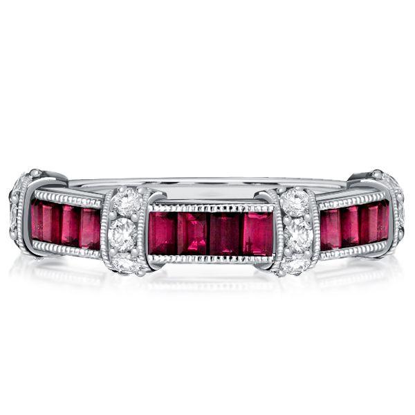 Ruby Baguette Wedding Band - 925 Sterling Silver Vintage Ring