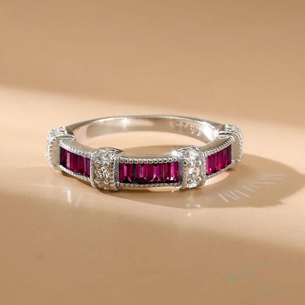 Ruby Baguette Wedding Band - 925 Sterling Silver Vintage Ring