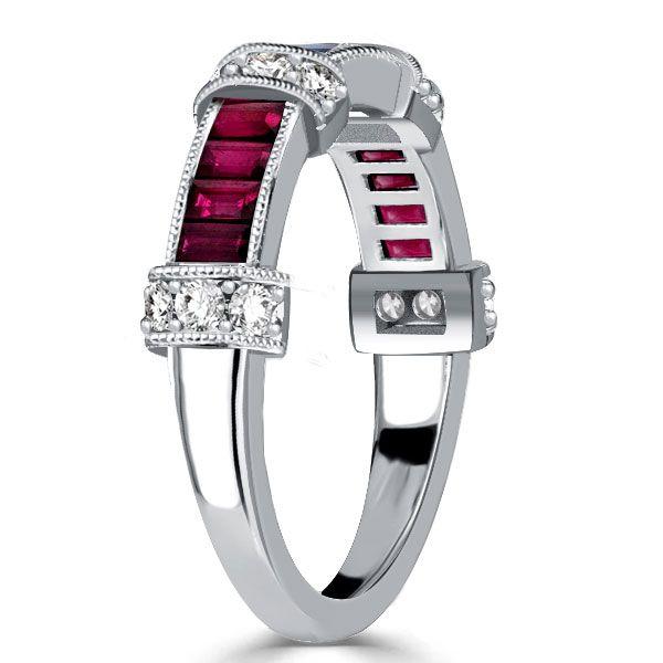 Ruby Baguette Wedding Band - 925 Sterling Silver Vintage Ring