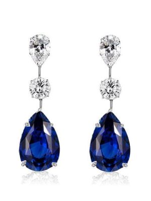 Sterling Silver Pear Cut Blue and White Sapphire Drop Earrings