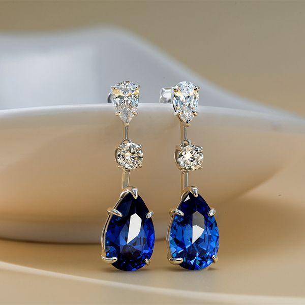 Sterling Silver Pear Cut Blue and White Sapphire Drop Earrings