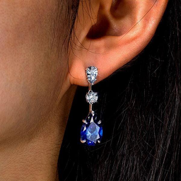 Sterling Silver Pear Cut Blue and White Sapphire Drop Earrings
