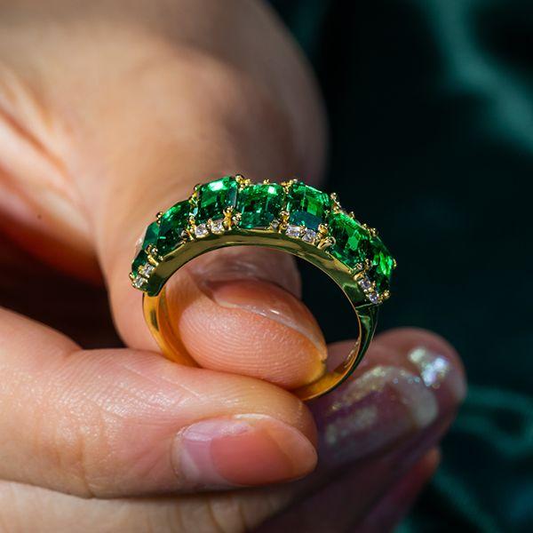 Golden Emerald Cut Emerald Wedding Band for Women - 18K Gold Plated Sterling Silver
