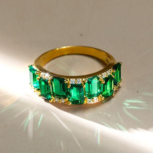 Golden Emerald Cut Emerald Wedding Band for Women - 18K Gold Plated Sterling Silver